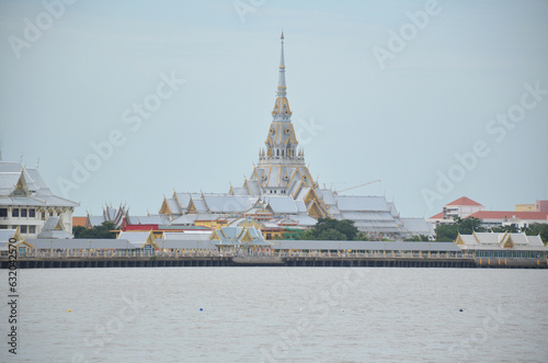 The atmosphere of Sothon Temple taken from outside is very beautiful. Thai photo