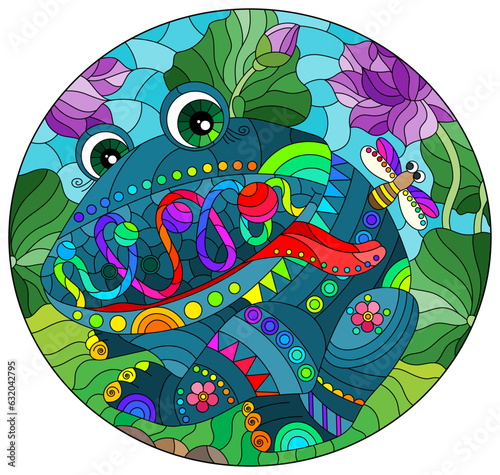 An illustration in the style of a stained glass window with a bright cartoon frog on a stone against a background of lotus, grass and blue sky, oval image