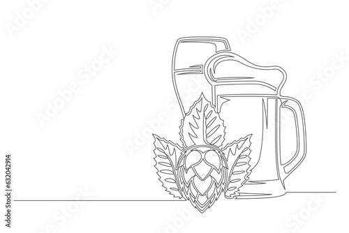 Continuous one line beer glass and mug with spikelet. Vintage beer glass and mug with spikelet isolated on a white background. Beer brewer concept. Vector illustration