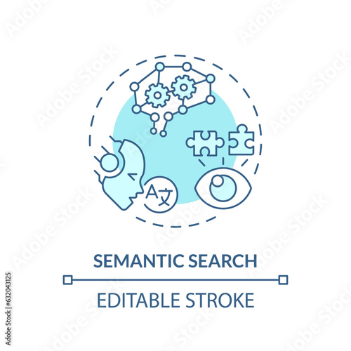 Editable semantic search icon concept, isolated vector, AI for SEO blue thin line illustration.