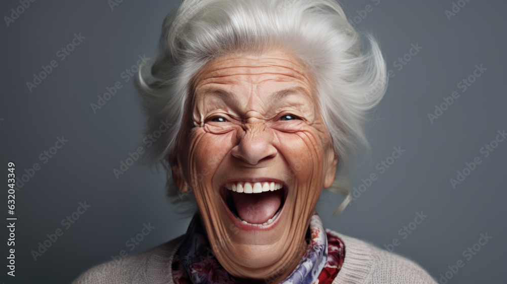 An elderly woman laughs and smiles against a gray background. Created with Generative AI technology.
