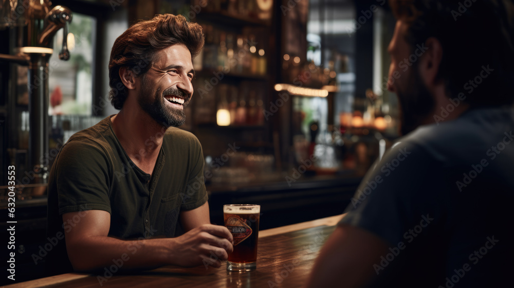 Handsome man smiling and sitting in the bar in the evening. Created with Generative AI technology. Handsome man smiling and sitting in the bar in the evening. Created with Generative AI technology.
