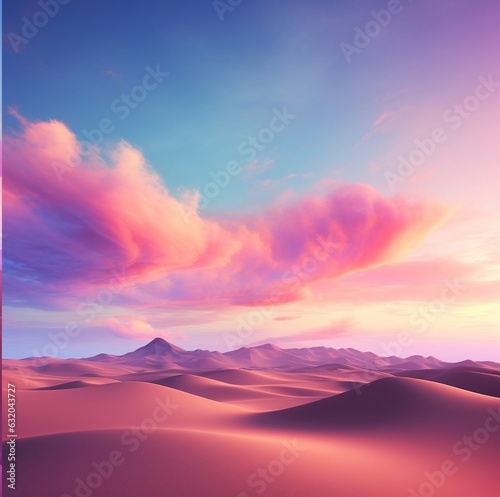 Futuristic pink desert, sandy hills on a blue sky with pink clouds. AI generated