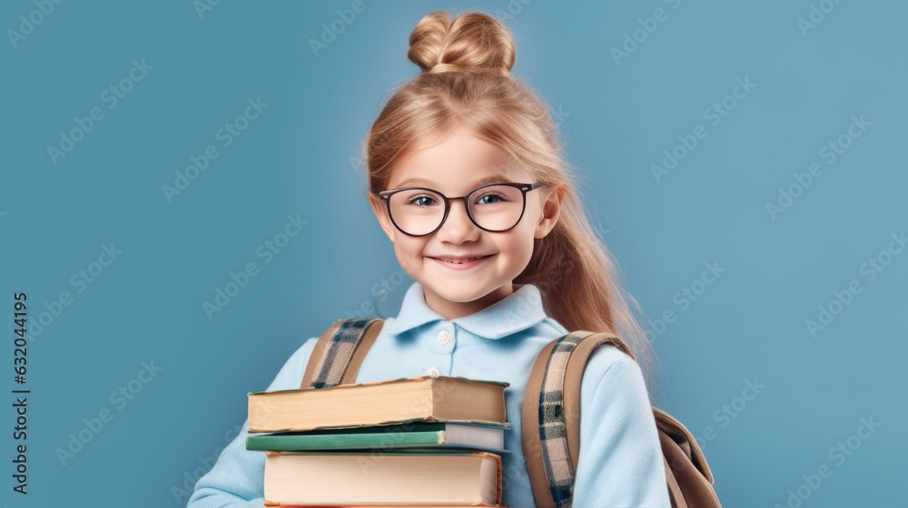 Cute smiling schoolgirl standing with books on blue background. Created with Generative AI technology. Cute smiling schoolgirl standing with books on blue background. Created with Generative AI technology.