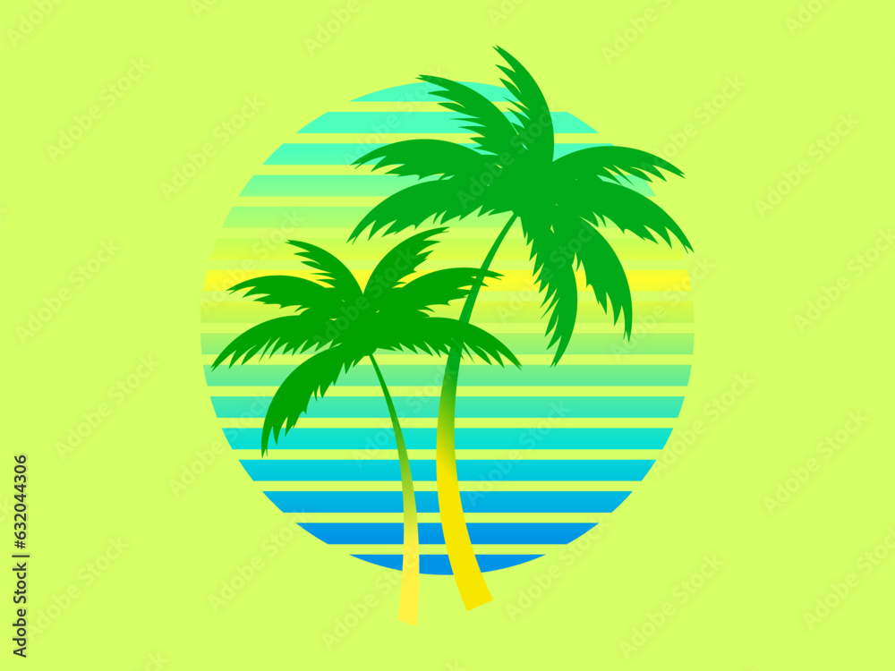 Two palm trees on a sunset 80s retro sci-fi style. Summer time. Futuristic sun retro wave with gradient color. Design for advertising brochures, banners, posters, travel agencies. Vector illustration