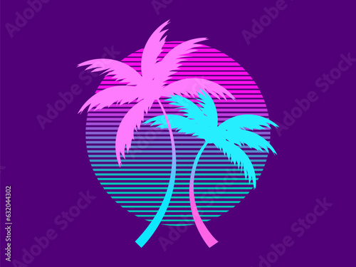 Tropical palm trees at sunset in a futuristic 80s style. Summer time, silhouettes of palm trees in synthwave and retrowave style. Design of advertising booklets and banners. vector illustration