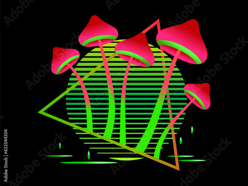 Retro sci-fi mushrooms from the 80s at sunset in a triangular frame. Mushrooms with flowing acid. Gradient mushrooms with a long stalk with a red cap. Design for poster and banner. Vector illustration