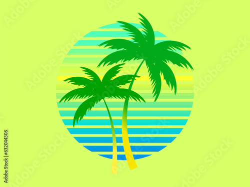 Fototapeta Naklejka Na Ścianę i Meble -  Two palm trees on a sunset 80s retro sci-fi style. Summer time. Futuristic sun retro wave with gradient color. Design for advertising brochures, banners, posters, travel agencies. Vector illustration