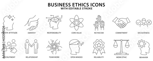 Business Ethics Icons. Set icon about business ethic. Business Ethics Line Icons. Vector Ilustration. Editable stroke.