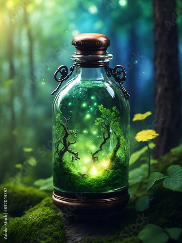 Magic potion in a glass bottle on a tree background. Generative AI