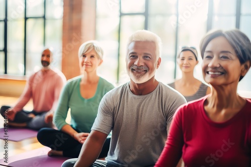 A group of diverse old athletic retirees in tracksuits doing yoga in a yoga class at a retreat center