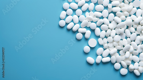 White pills on blue background. Top view. Created with Generative AI technology.