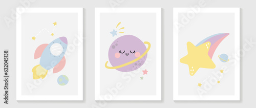 Kids wall art vector collection. Cute hand drawn design with rocket, world, star. Wallpaper background design for kid room decoration, Nursery wall art, Baby and toy card and cover.