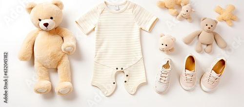 Top view and flat lay image of newborn baby clothing, bootees, teethers, and toy on a white background with copy space. Represents baby fashion.