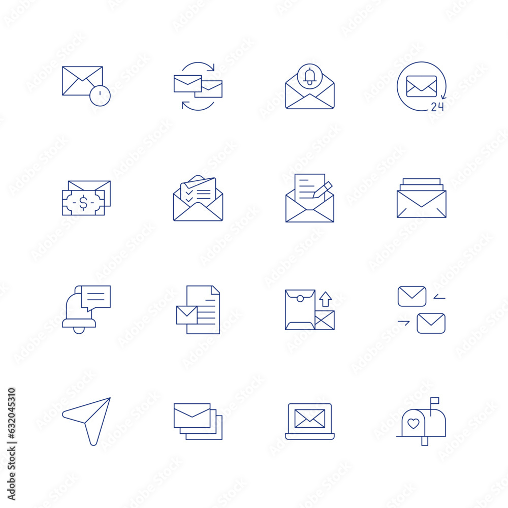 Mail line icon set on transparent background with editable stroke. Containing notification, correspondence, email, mail, salary, envelope, send, laptop, mailbox.