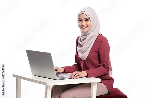 Hijab woman with laptop computer on white background. Business concept