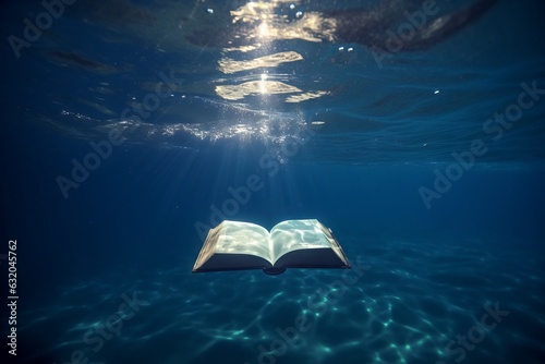 libro abierto flotando debajo del agua y entran rayos de luz, novela aislada sumergida dentro del agua photo