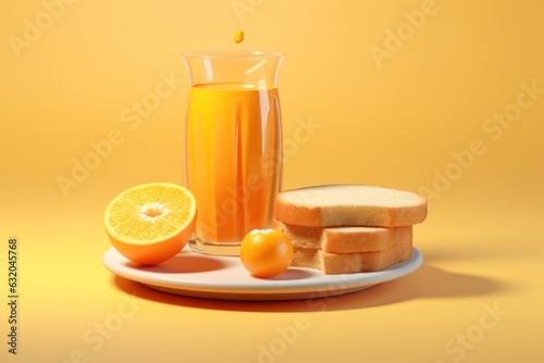 Zumo de naranja natural con tostadas de pan sobre fondo colores pastel photo