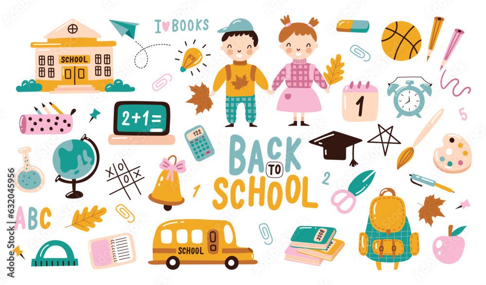 Back to school. Various tools for education. Hand drawn big vector set. Colored trendy illustration.