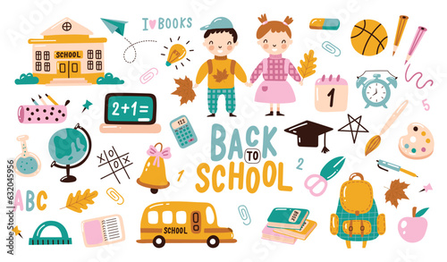 Back to school. Various tools for education. Hand drawn big vector set. Colored trendy illustration.