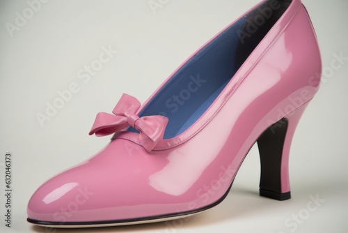 Zapato femenino coquette de charol de diseño con tacones elegante de color rosa con un lazo photo