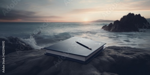 Mockup libreta al lado del mar, con un bolígrafo libreta encima de una roca, diario al lado del mar para escribir