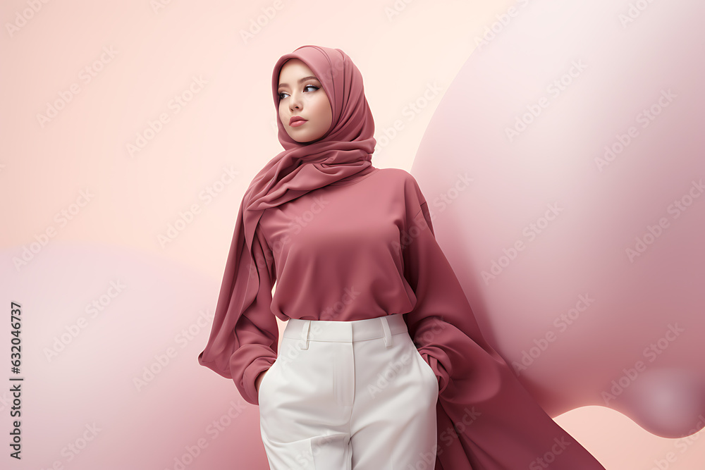 muslim woman in hijab with pink background, asian fashion model
