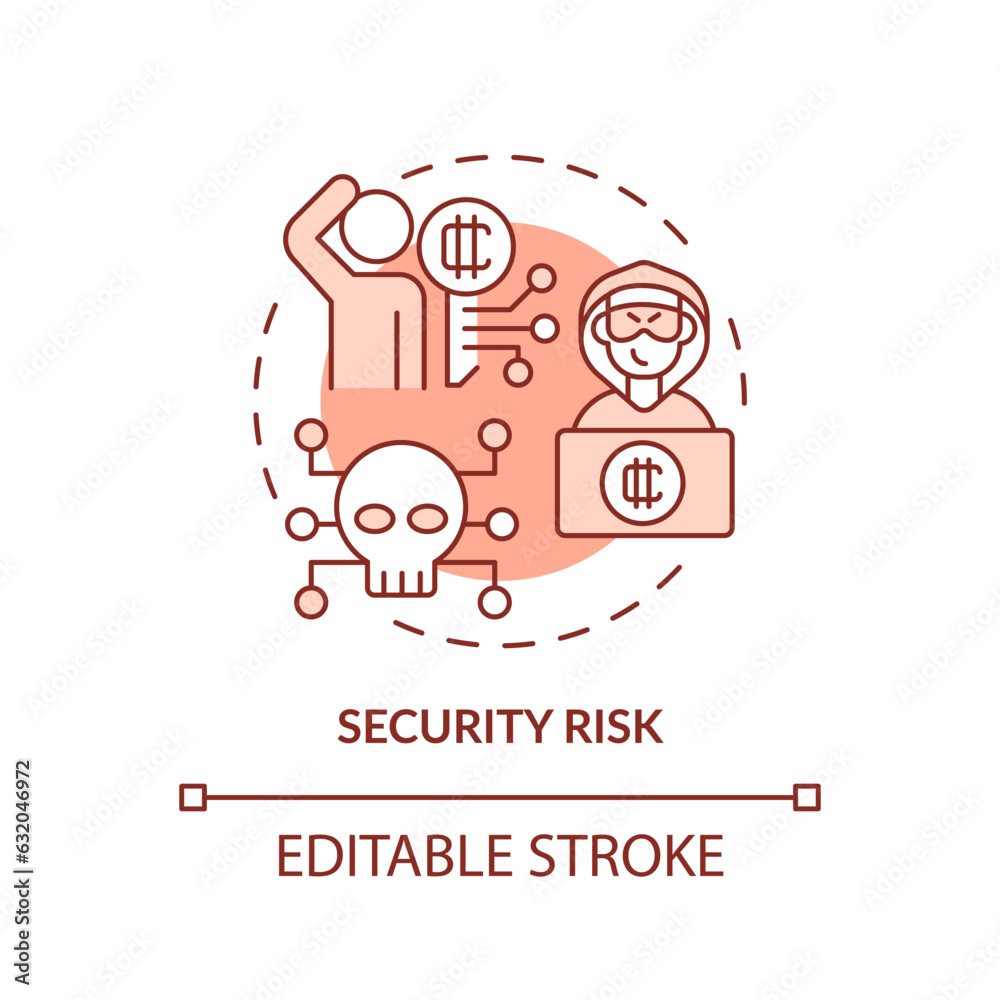 2D editable security risk thin line icon concept, isolated vector, red illustration representing digital currency. 2D editable security risk thin line icon concept, isolated vector, red illustration representing digital currency.