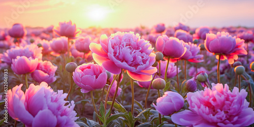 Beautiful flower pink peony close up, flowering in peonies garden field in golden yellow sunset sunrise wild organic landscape. Nature. Generative AI.
