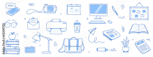 Office work doodle set. Office computer, work desk, notebook doodle icon. Hand drawn blue sketch style illustration. Business, school education hand drawn elements. Vector illustration.