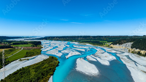 The aerial view with a ecosystem of the River lagoon Valley and blue water river photo