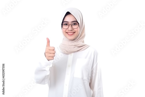 Hijab woman with thumb up gesture isolated on white background.