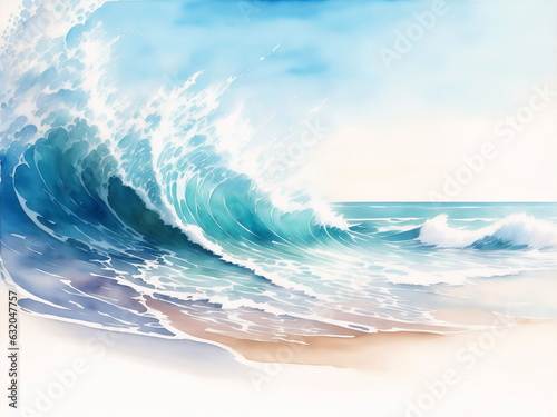 Watercolor Sea Beach Illustration with Stormy Sea and Crashing Waves. Aquarelle Style Design with Paint Splash for Poster, Banner, Invitation, Greeting Card or Cover. Ai Generated.