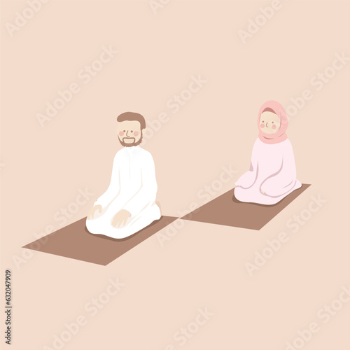 Cute Muslim Couple Praying Shalat together, husband and wife, woman and man ibadah together in jamaah