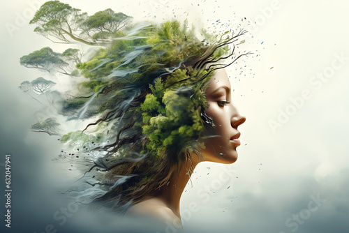 Concept of transcendental meditation and concentration, relaxed digital art of woman's profile face which blends into nature and thinks of it. AI illustration	