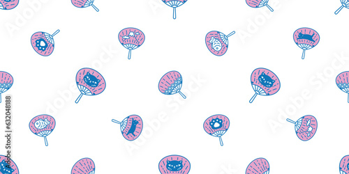 cat seamless pattern japanese fan neko kitten vector cartoon character pet paw footprint taiyaki wave gift wrapping paper tile background repeat wallpaper animal doodle illustration design scarf isola