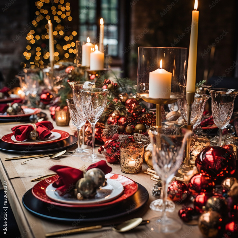 Naklejka premium Table decorated at Christmas. Generative AI.