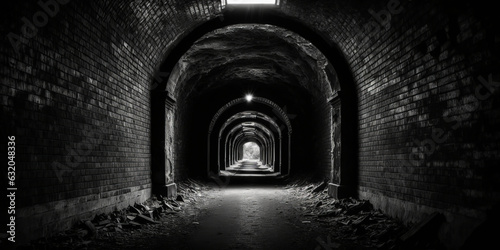 Gloomy, abandoned-looking tunnel with jagged, time-worn walls extends into darkness. Ideal for horror-themed interior design or striking film set locations. Generative AI