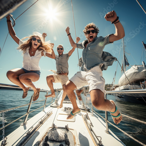 Friends on a boat jumping into the sea. Generative AI.