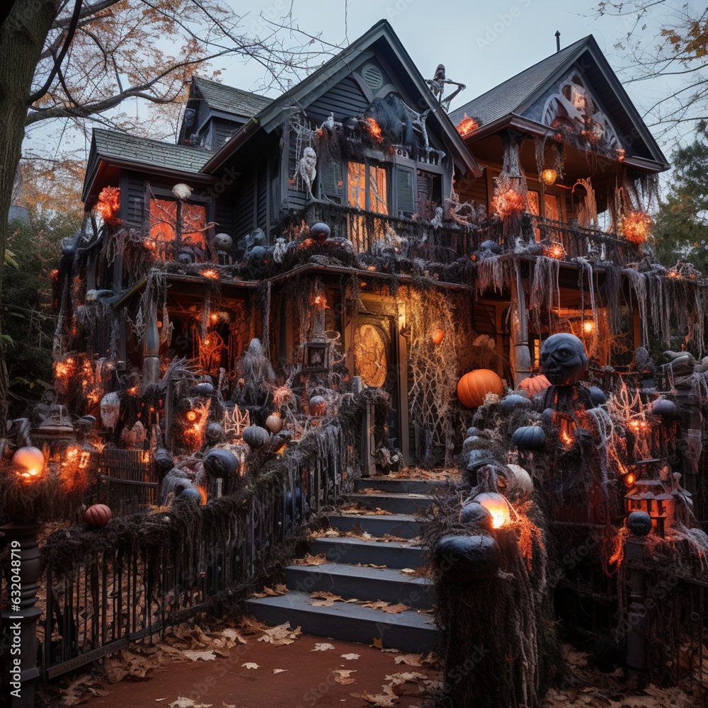 Haunted house on Halloween. Generative AI.