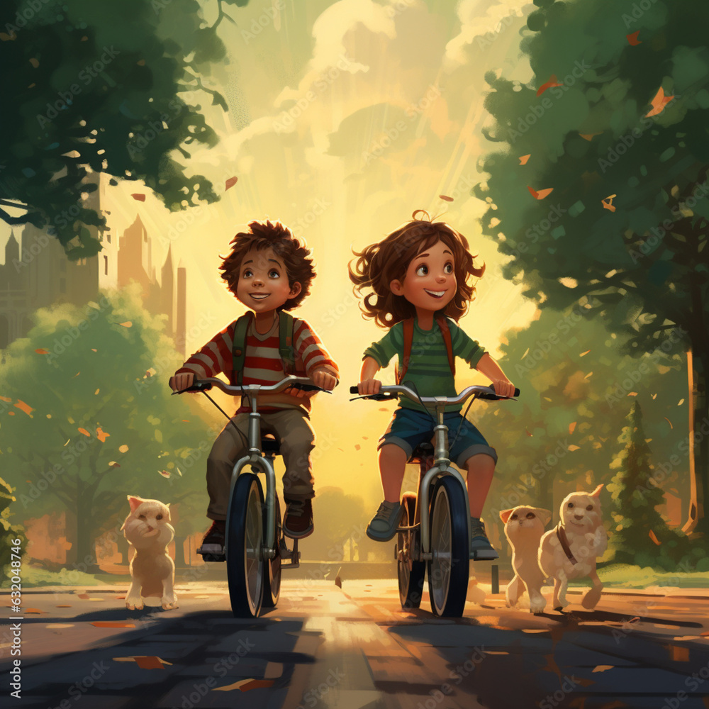 Children with bicycles in the park. Generative AI. Children with bicycles in the park. Generative AI.