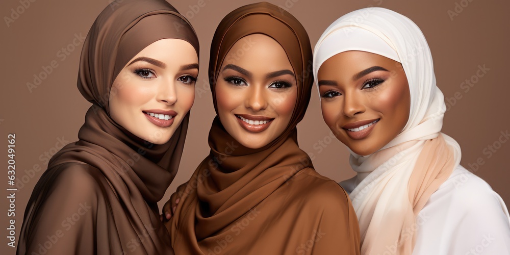 Three Muslim Women In Hijab Headscarf Embracing Posing Smiling To Camera Standing Together In Studio On Grey Background. Arabic Female Fashion Concept. Modern Islamic Ladies Portrait, generative ai