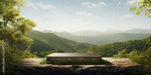 Marble podium for natural products in mountains nature. A stage for cosmetics product presentation in natural green environment, copy space, generative ai