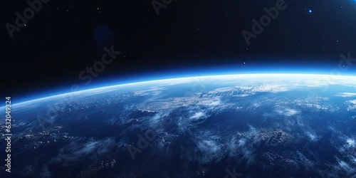 Fototapeta Naklejka Na Ścianę i Meble -  Blue space background with earth and galaxy. Abstract wallpaper with planetary glow. Science and education in outer space