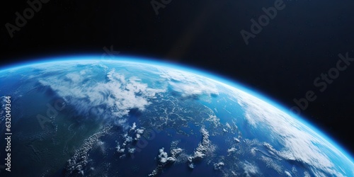 Fototapeta Naklejka Na Ścianę i Meble -  Blue space background with earth and galaxy. Abstract wallpaper with planetary glow. Science and education in outer space