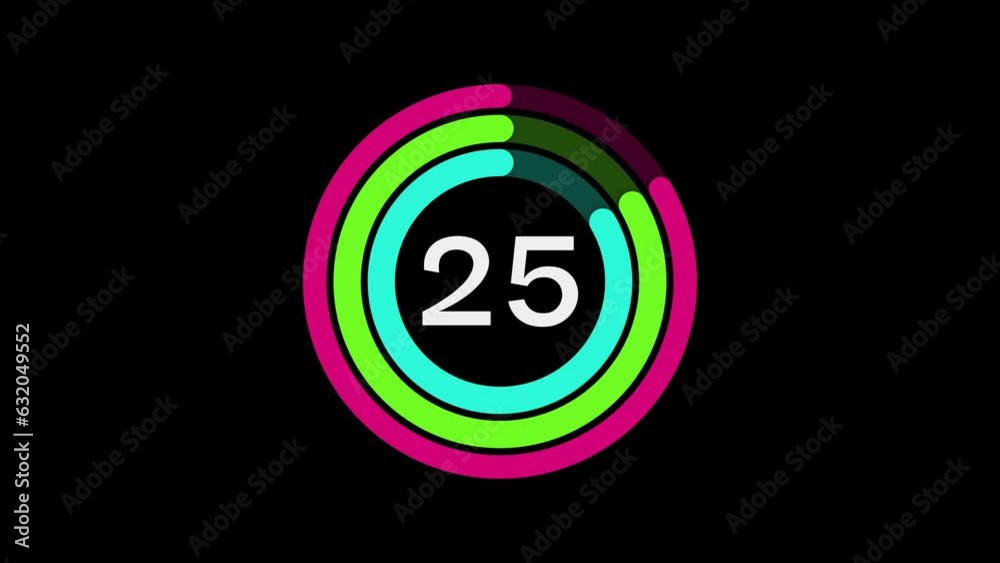 30 seconds 3 lines indicator countdown timer on black background. Pink, Green and Turquoise color. Fitness, exercise, sports and health concept. 4K Motion Graphics. 