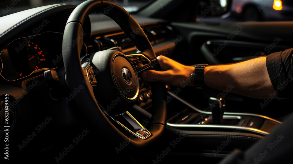 Obraz premium Close up detail of man's hand holding the steering wheel, wearing a modern wrist watch. Created with Generative AI technology.