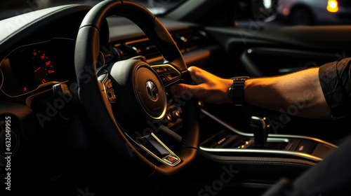 Close up detail of man's hand holding the steering wheel, wearing a modern wrist watch. Created with Generative AI technology. © MP Studio