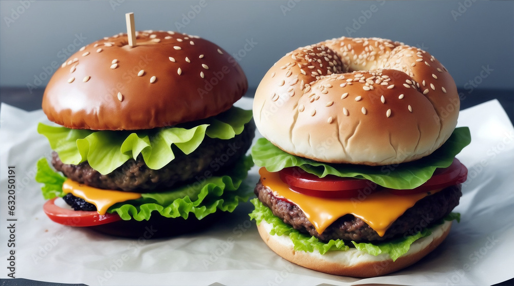 Hamburgers on food paper. Generative AI.