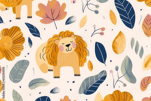 Cartoon childish Seamless pattern with lion and leaves, Generative AI